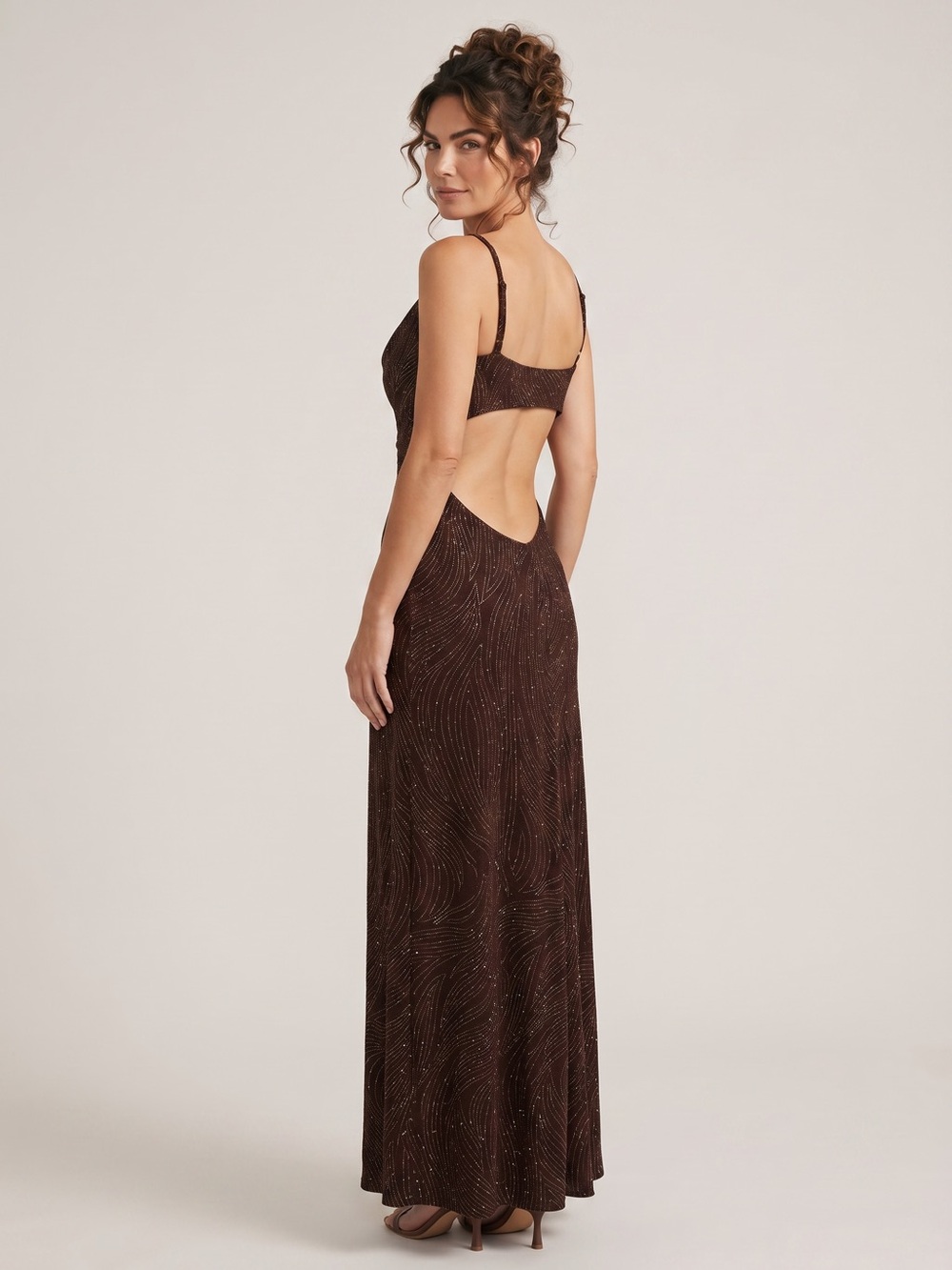 Tadashi Vintage Backless Maxi Dress Size L Brown Metallic Formal Evening Shimmer